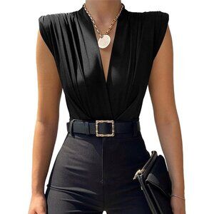 Women's V Neck Ruched Sleeveless Bodysuit Top Polyester Spandex